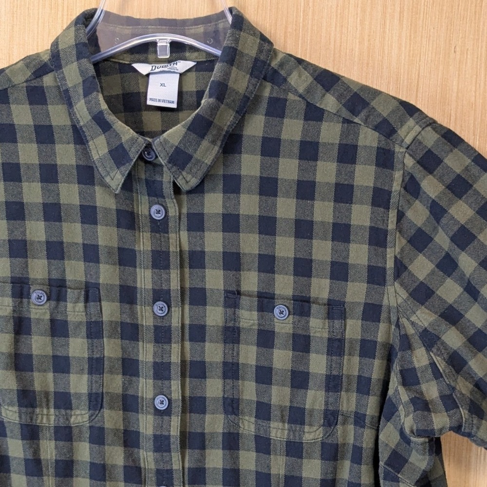 Duluth Trading Co Mens XL Flannel Shirt Olive Green Black Buffalo Check Cotton